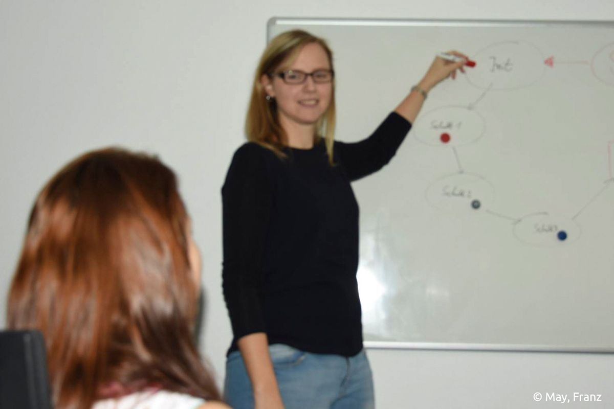 Melanie Pütz, Softwareingenieurin bei S.E.A. Datentechnik GmbH in Troisdorf, zeigt Ablauf am Flow Chart. /Bildquelle: May, Franz