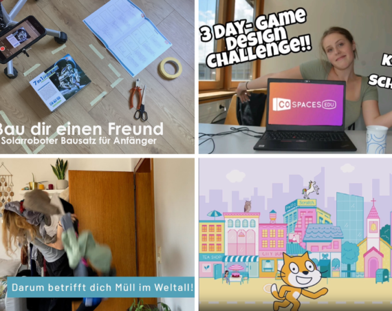 Collage aus den Thumbnails von vier Videos von Mädchen zu Technik-Themen