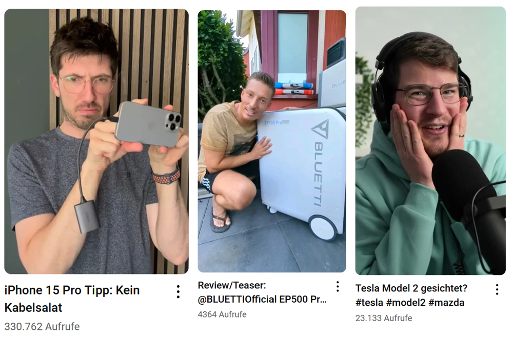 Screenshots von Thumbnails von drei Youtube-Shorts von Technik-Influencern. Zu sehen sind von links nach rechts: Alexibexi, TuToTV und Felixba.
