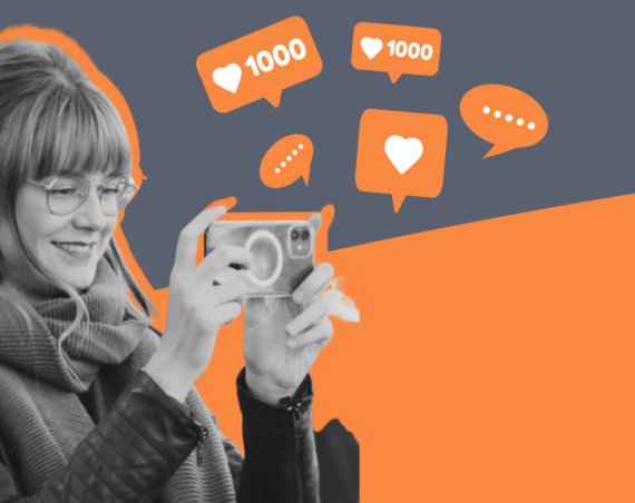Technikyoutuberin Vera Bauer mit Handy, orange-grauer Hintergrund mit Like-Symbolen