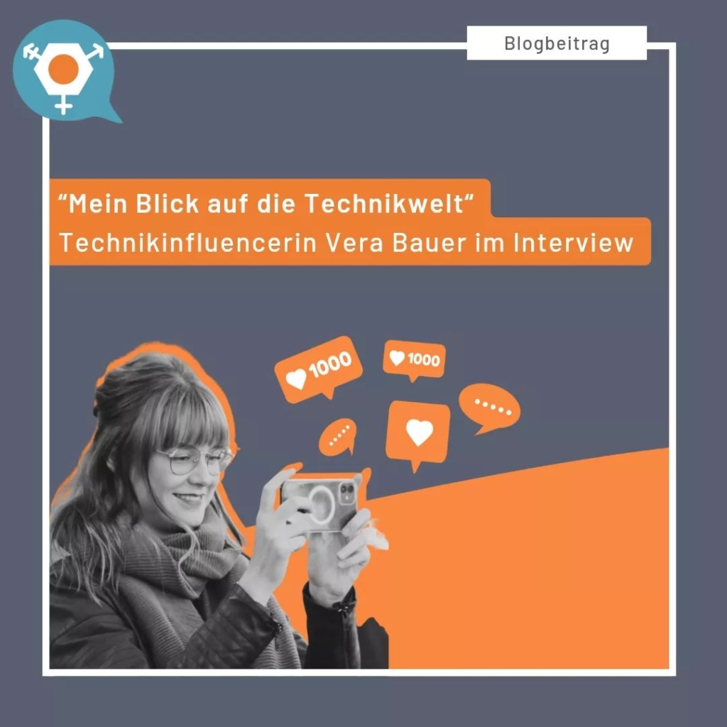 Technik-YouTuberin Vera Bauer filmt mit Handy mit Like-Symbolen im Hintergrund
