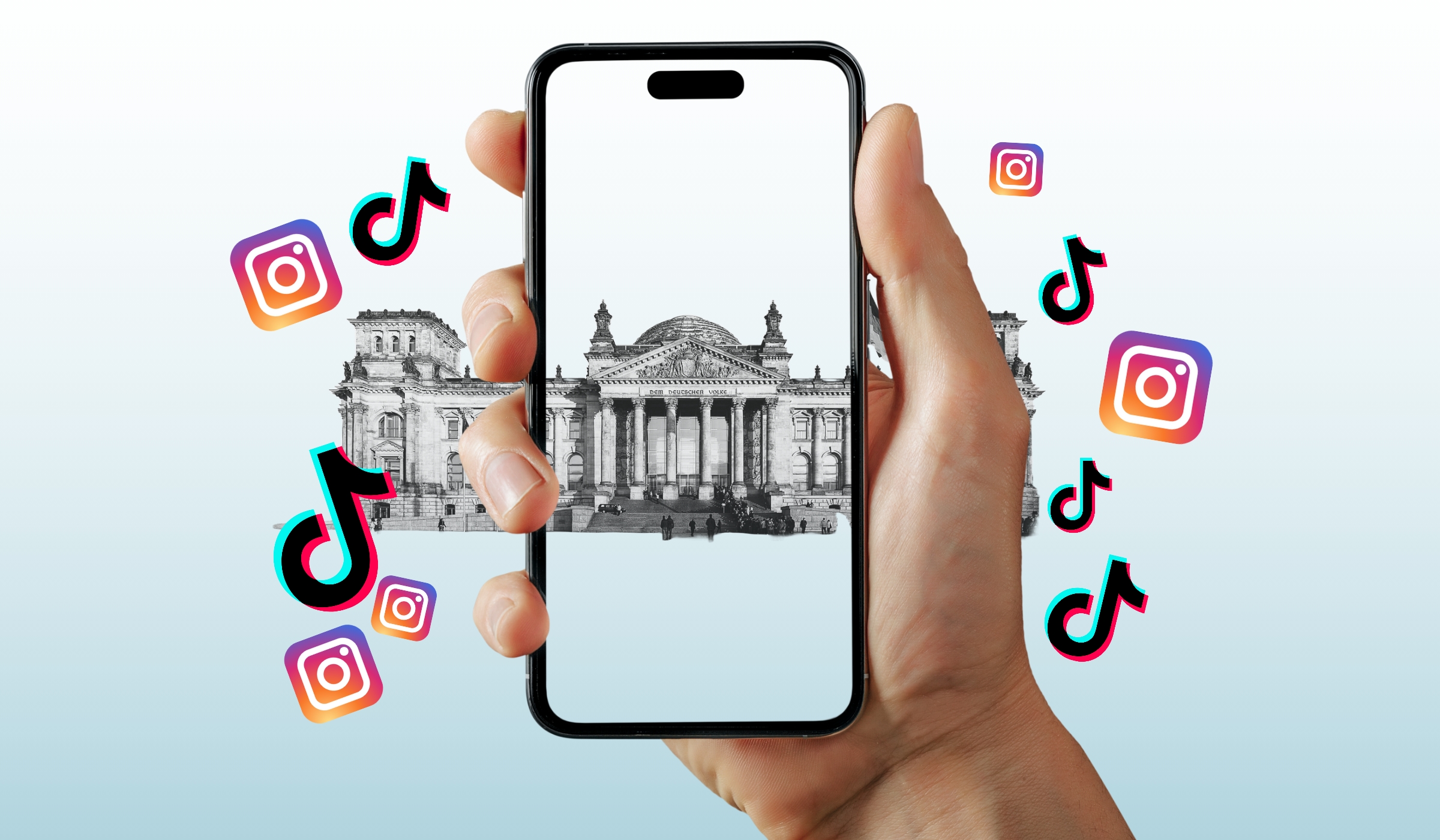 Hand hält Smartphone, deutscher Bundestag im Bild, Symbole von Instagram und TikTok umringen das Smartphone.