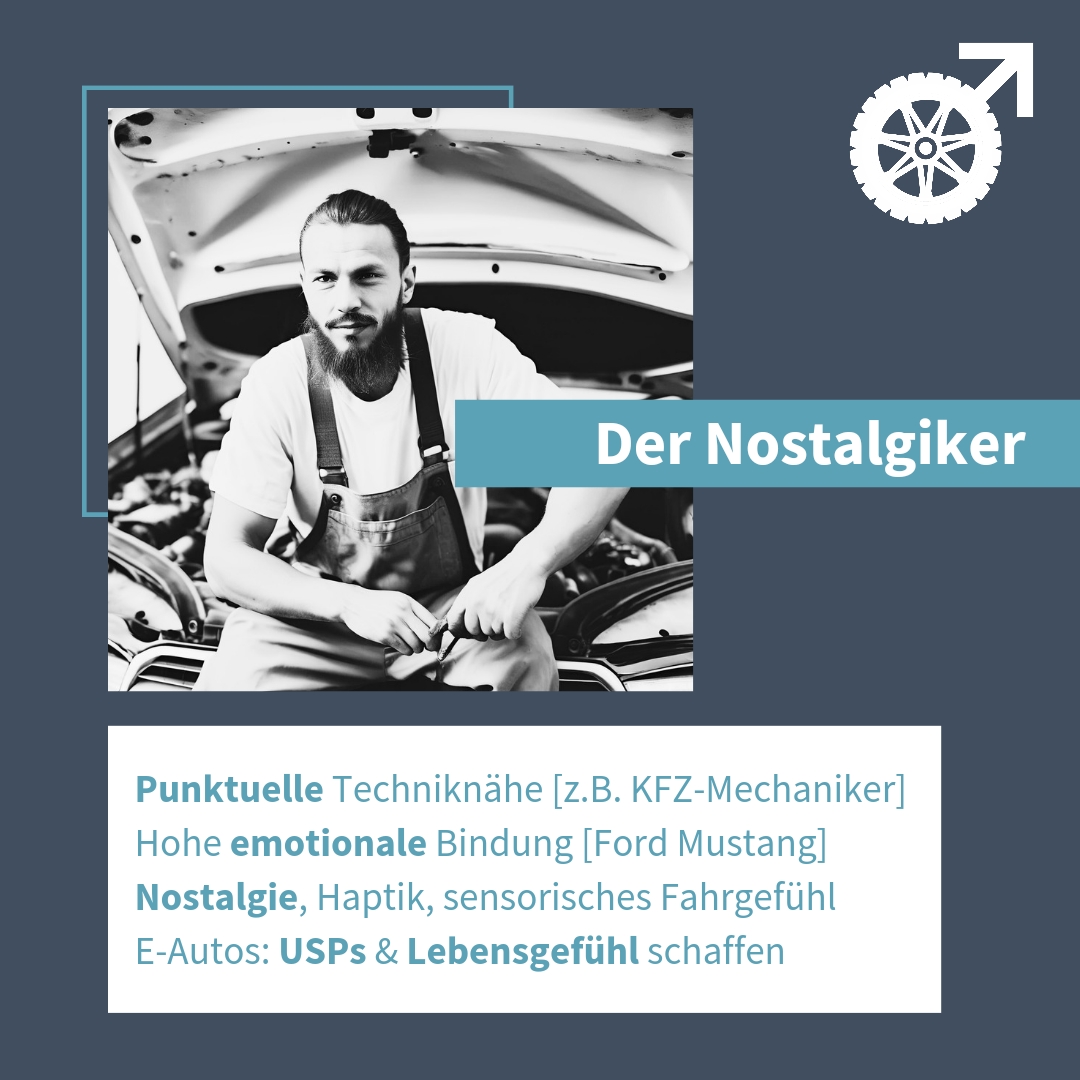 Mann sitzt auf Autohaube und arbeitet als KFZ-Mechaniker, Persona: Der Nostalgiker.