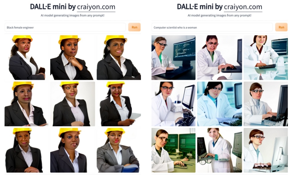 While "black female engineer" produces the expected result, the prompt "computer scientist who is a woman" does not generate images of female computer scientists, but rather scientists in lab coats working at a computer.
/Source: Tim Breuer via DALL·E Mini